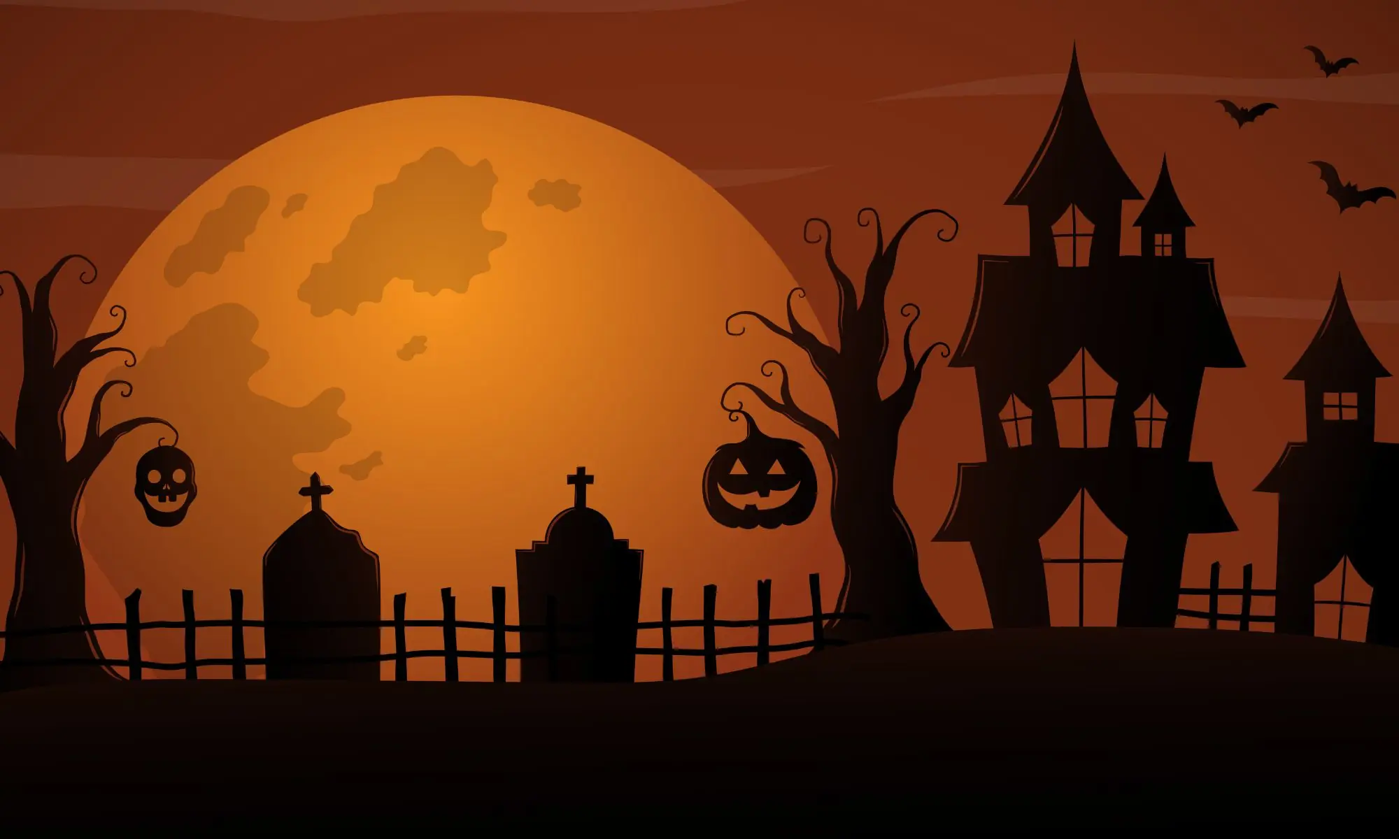 Silhouette illustration of a spooky haunted house and cemetery under a glowing full moon.